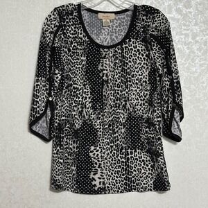 Diana Belle Black & White Animal Print Top Polka Dot 3/4 Sleeve Blouse Stretch S